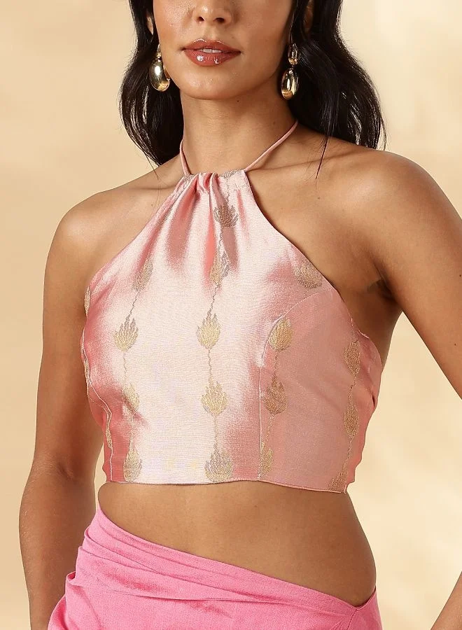 أبهشتي Halter neck crisscross back tie up blouse- Pink