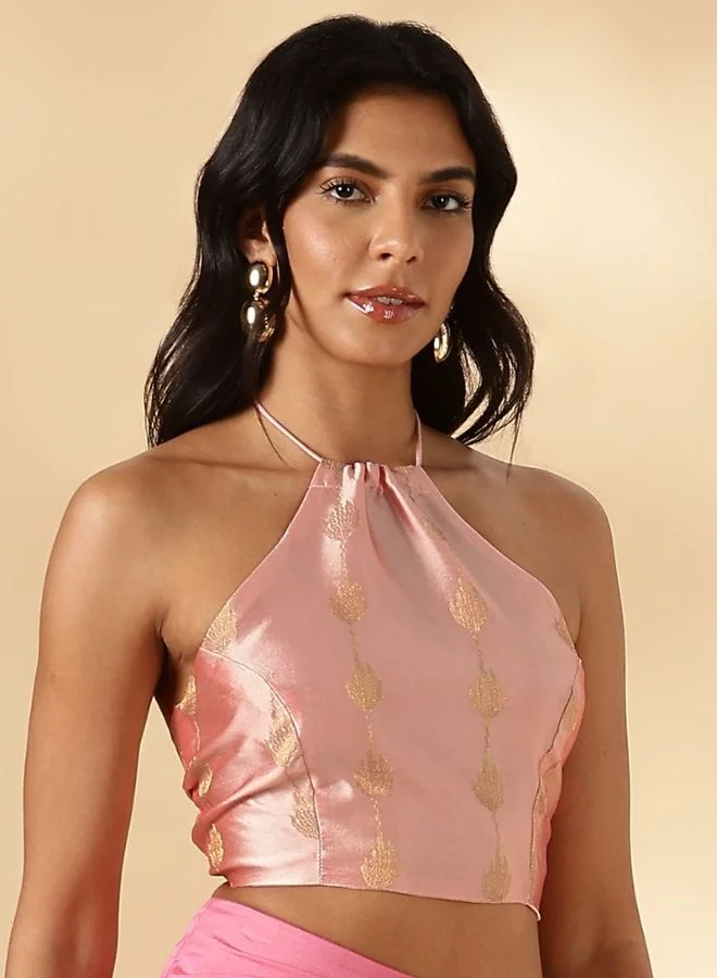 أبهشتي Halter neck crisscross back tie up blouse- Pink