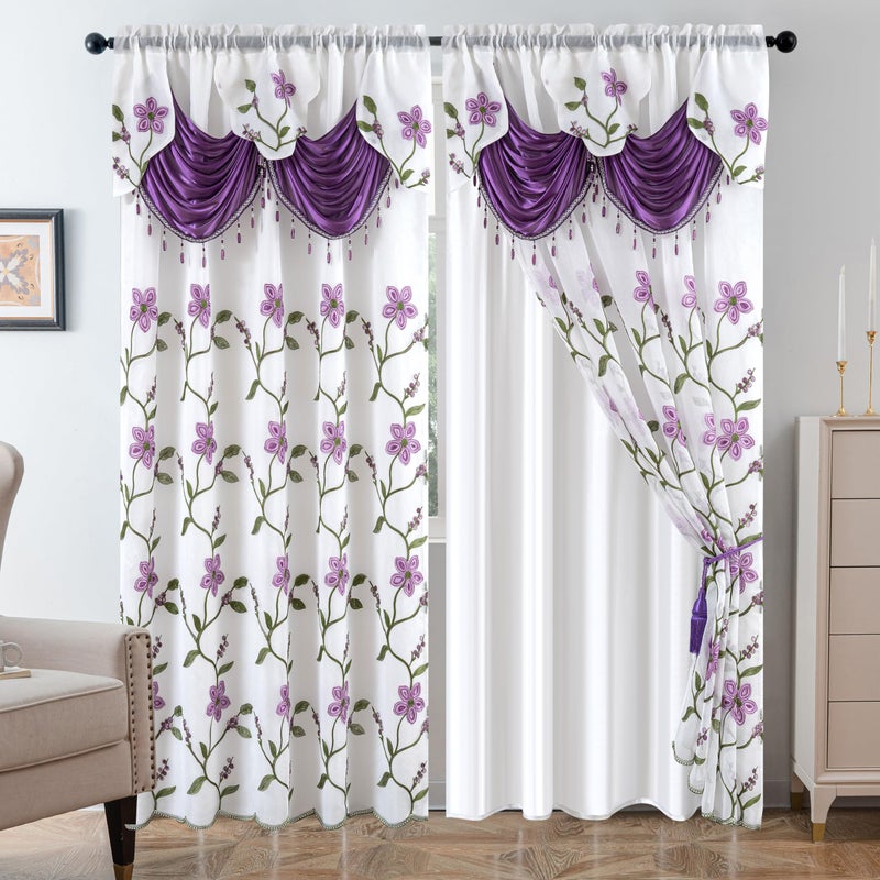 Petrichor Embroidered Sheer Curtain 2 Panels Set - Luxury Window Curtain Attached Valance with Satin Backing and 2 Tie Backs for Living Room,Dining Room, 54x84 inches, Lavender - Image 1