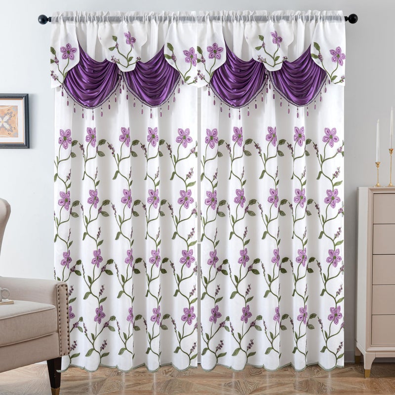 Petrichor Embroidered Sheer Curtain 2 Panels Set - Luxury Window Curtain Attached Valance with Satin Backing and 2 Tie Backs for Living Room,Dining Room, 54x84 inches, Lavender - Image 2