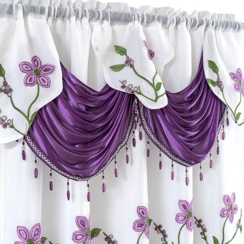 Petrichor Embroidered Sheer Curtain 2 Panels Set - Luxury Window Curtain Attached Valance with Satin Backing and 2 Tie Backs for Living Room,Dining Room, 54x84 inches, Lavender - Image 4