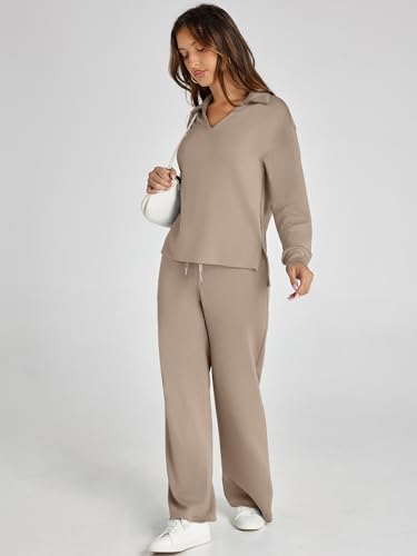 Glamaker Women's 2 Piece Sets Outfits Casual Loose Long Sleeve Polo Top and Wide Leg Pants Matching Sweat Sets (Camel XL) - Image 3
