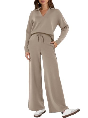 Glamaker Women's 2 Piece Sets Outfits Casual Loose Long Sleeve Polo Top and Wide Leg Pants Matching Sweat Sets (Camel XL) - Image 1