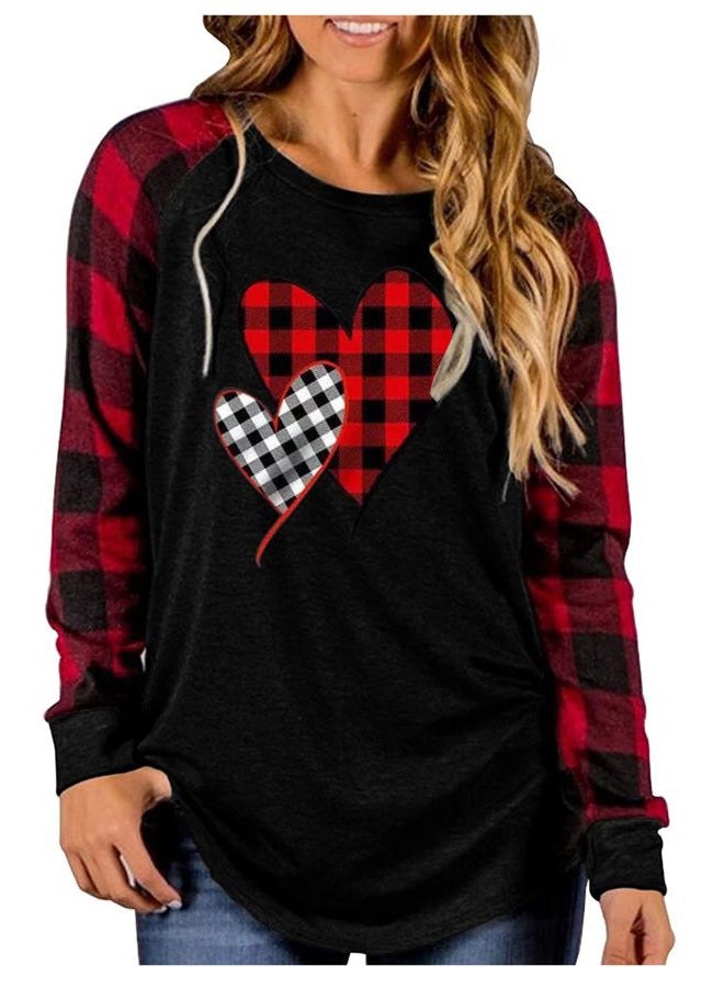 Valentine's Day Shirt Women Buffalo Plaid Love Heart Graphic Tees Letter Print Long Sleeve Tops Shirts(X-Large,Black)