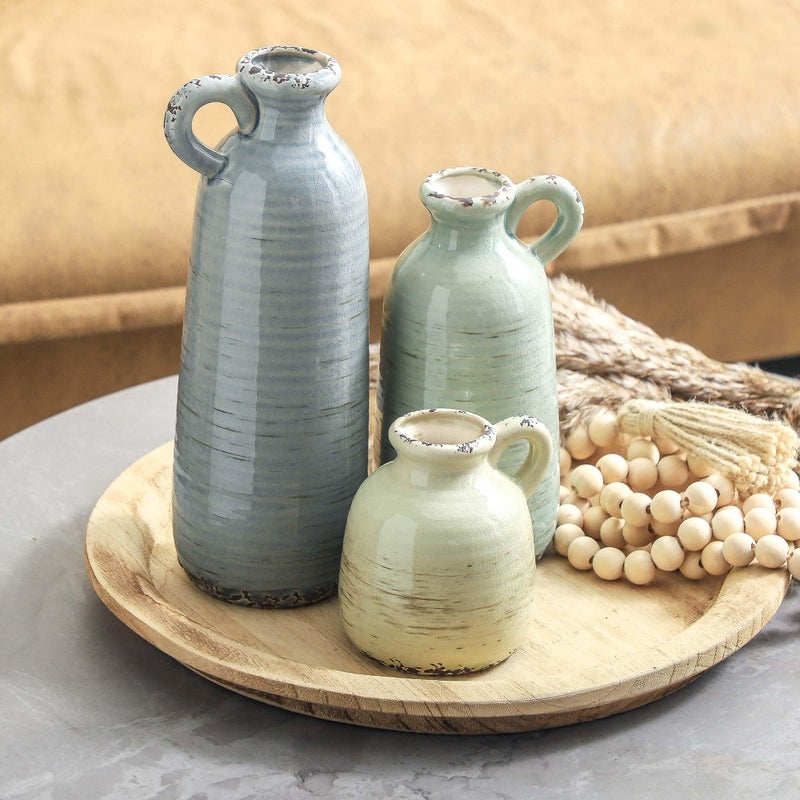 ooit Ceramic Vase Set of 3 | Neutral Vase Home Decor with Handle | Pottery Modern Farmhouse Vases Pampas Grass Flower Vases for Home Decor Table Living Room Centerpieces Mantel Decor - Multicolor - Image 5