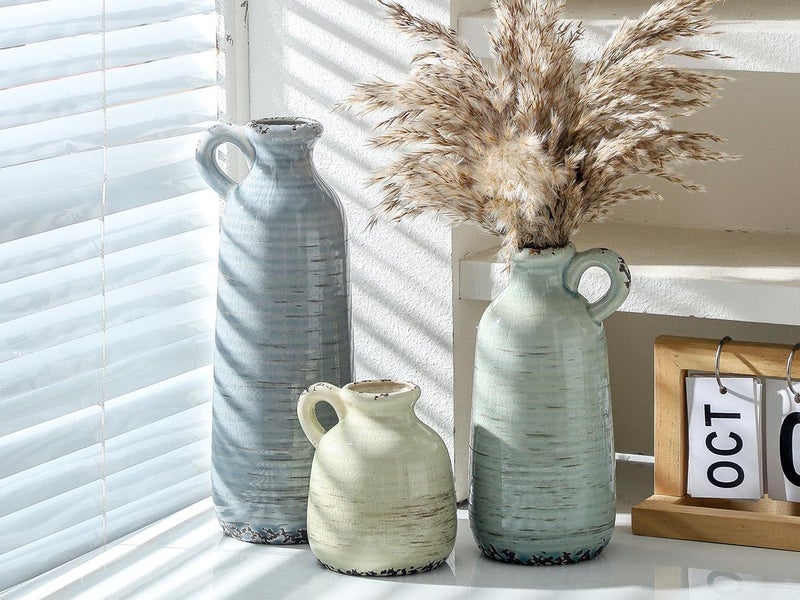 ooit Ceramic Vase Set of 3 | Neutral Vase Home Decor with Handle | Pottery Modern Farmhouse Vases Pampas Grass Flower Vases for Home Decor Table Living Room Centerpieces Mantel Decor - Multicolor - Image 4