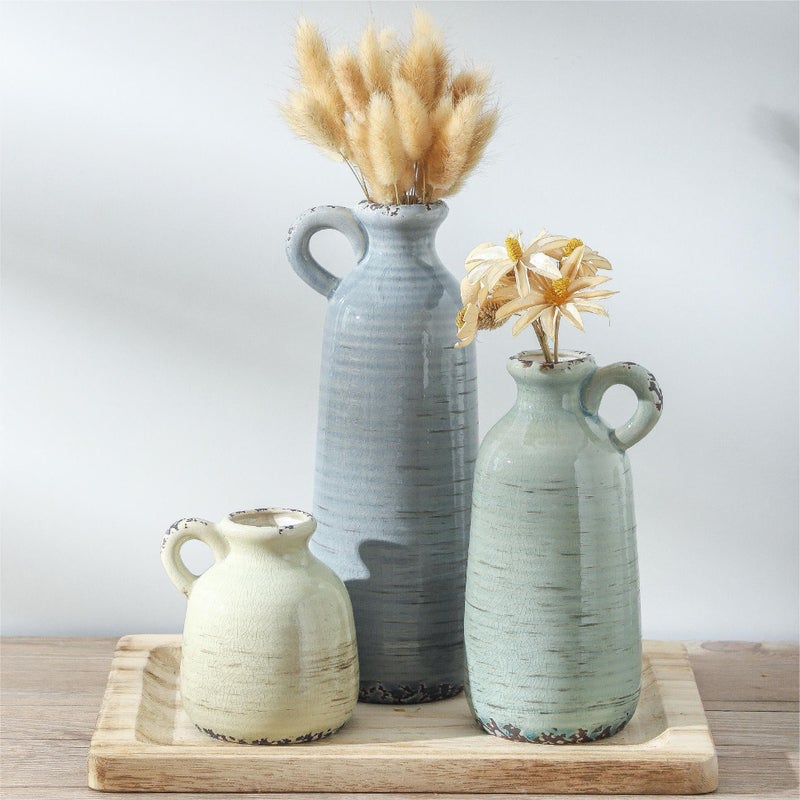 ooit Ceramic Vase Set of 3 | Neutral Vase Home Decor with Handle | Pottery Modern Farmhouse Vases Pampas Grass Flower Vases for Home Decor Table Living Room Centerpieces Mantel Decor - Multicolor - Image 1