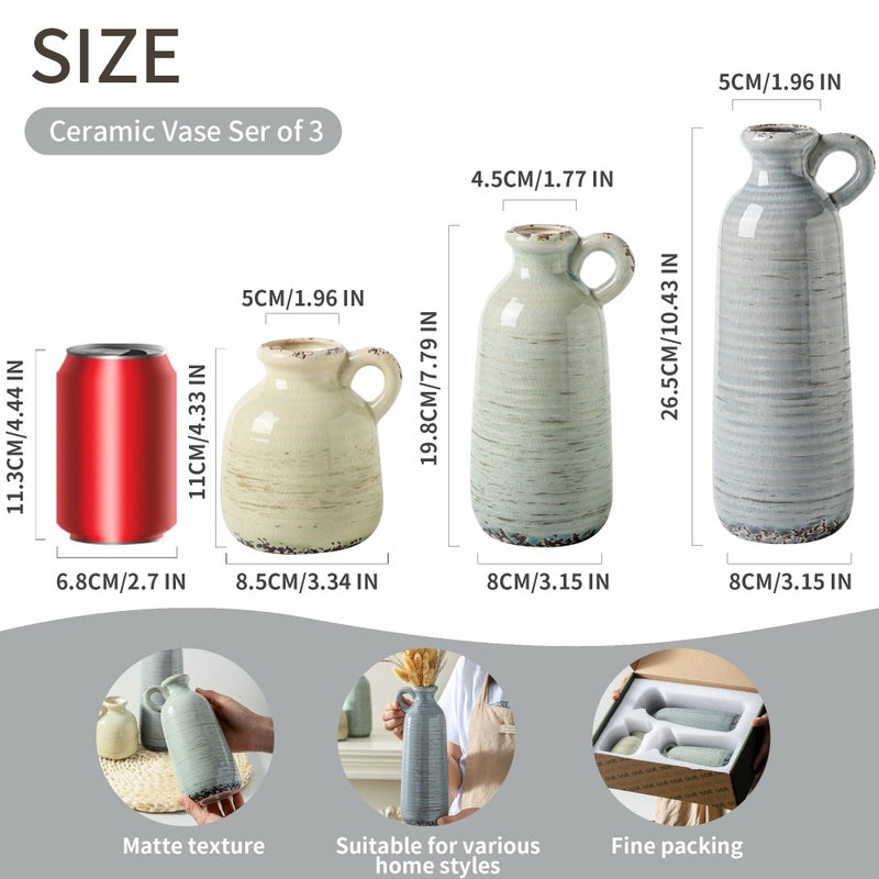 ooit Ceramic Vase Set of 3 | Neutral Vase Home Decor with Handle | Pottery Modern Farmhouse Vases Pampas Grass Flower Vases for Home Decor Table Living Room Centerpieces Mantel Decor - Multicolor - Image 2