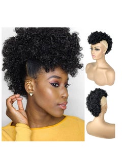 Afro High Puff Hair Bun, Deep Curly Black Mohawk Ponytail Wigs for Black Women, Afro Puff with Bangs Faux Mohawk Hair Piece, Natural Black Mohawk Hair Wigs for Woman with 6 BB Clips