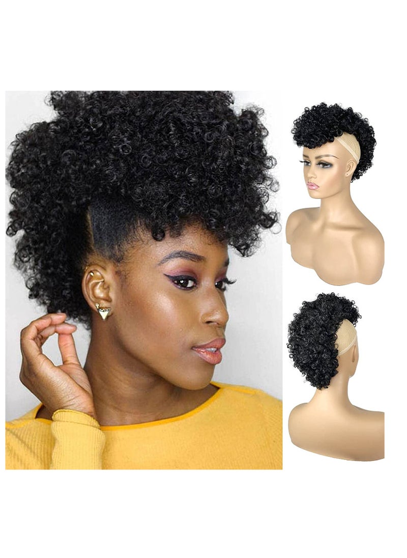 SYOSI - Afro High Puff Hair Bun, Deep Curly Black Mohawk Ponytail Wigs for Black Women, Afro Puff with Bangs Faux Mohawk Hair Piece, Natural Black Mohawk Hair Wigs for Woman with 6 BB Clips - Image 1