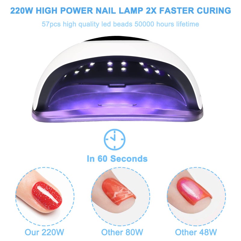 Wisdompark مصباح أظافر LED من Wisdompark بقوة 220 واط لتجفيف الأظافر الجل بسرعة مع 57 حبة مصباح و 4 مؤقتات ضوء UV احترافي لأدوات فن الأظافر في المنزل والصالون باللون الأبيض - Image 3