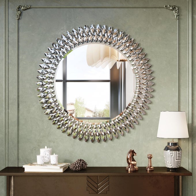 JEWELED MIRROR FOR WALL 28 INCH ROUND LUXURY MIRROR WITH SPARKLING DIAMONDS BEVELED MODERN WALL DECOR FOR BATHROOM LIVING ROOM BEDROOM HALLWAY