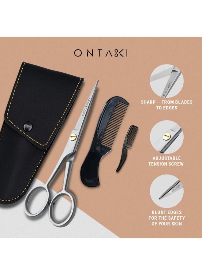 Ontaki مقص لحية وشوارب أونتاكي 5 إنش من الفولاذ الألماني، 2 مشط (لحية + شارب) مع حقيبة، فولاذ 410C مطروق يدويًا، مسند أصابع، فضي - Image 2
