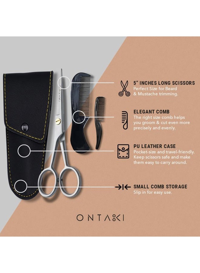 Ontaki مقص لحية وشوارب أونتاكي 5 إنش من الفولاذ الألماني، 2 مشط (لحية + شارب) مع حقيبة، فولاذ 410C مطروق يدويًا، مسند أصابع، فضي - Image 5