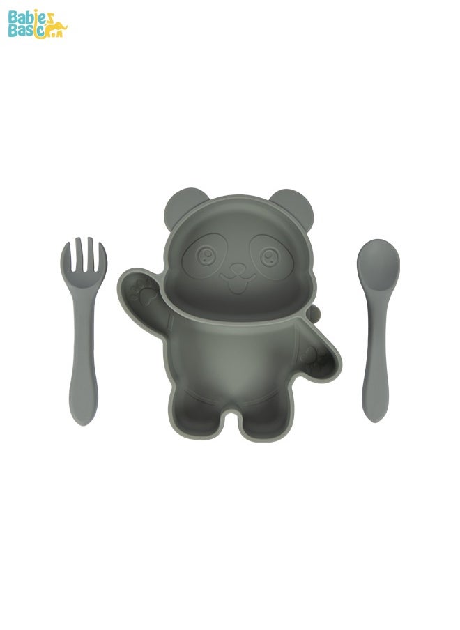 Babies Basic Feeding Set, 3 Piece, Silicone Set For Self Feeding, Learning & Fine Motor Skills Soft, Easy To Grip,Silicone Suction Plate With Silicone Spoon And Fork- Green  - Image 1