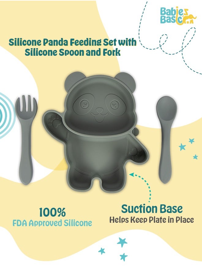 Babies Basic Feeding Set, 3 Piece, Silicone Set For Self Feeding, Learning & Fine Motor Skills Soft, Easy To Grip,Silicone Suction Plate With Silicone Spoon And Fork- Green  - Image 2