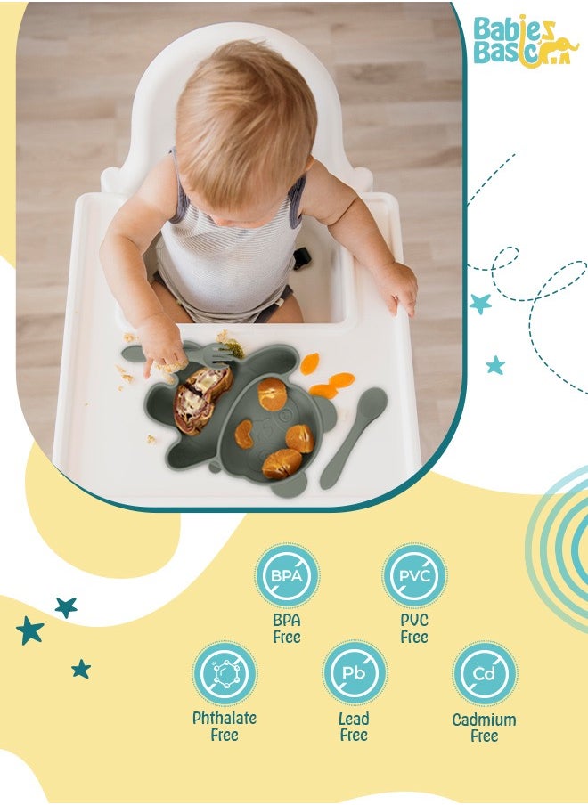 Babies Basic Feeding Set, 3 Piece, Silicone Set For Self Feeding, Learning & Fine Motor Skills Soft, Easy To Grip,Silicone Suction Plate With Silicone Spoon And Fork- Green  - Image 3