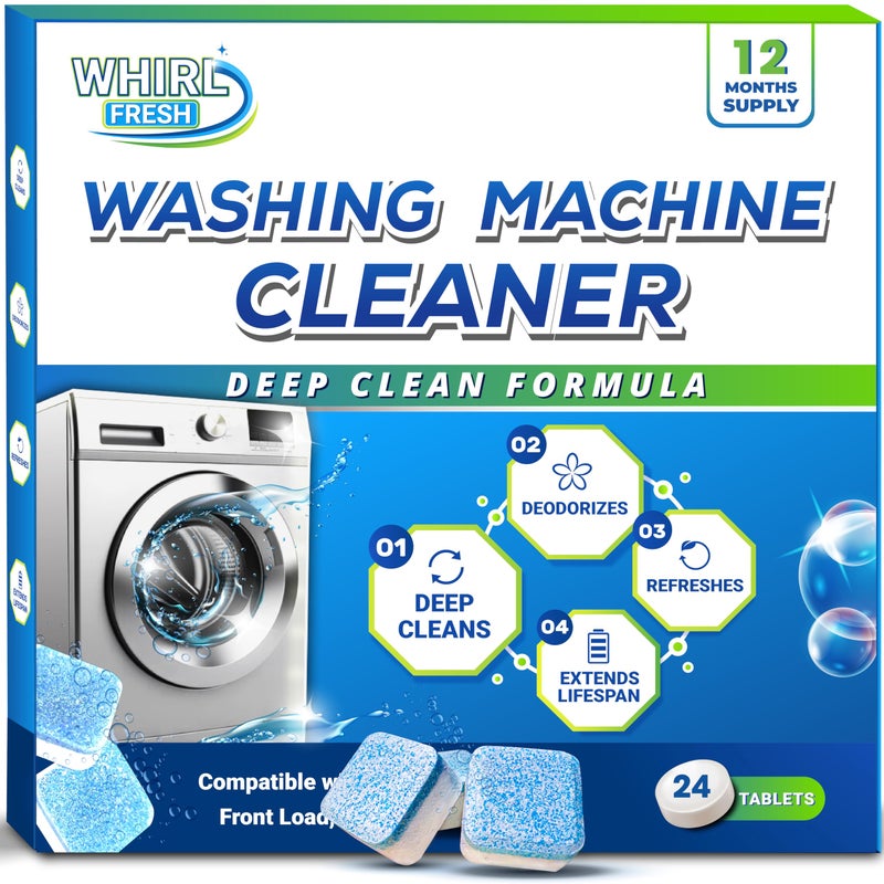Whirl Fresh Washing Machine Cleaner Tablets, 24 Pack-Deep Cleaning Tablets for Top & Front Load HE Washer Cleaners, Descaler & Deodorizer, Septic Safe, Cleans Drum, Tub, Seal & All Internal Parts - Image 1
