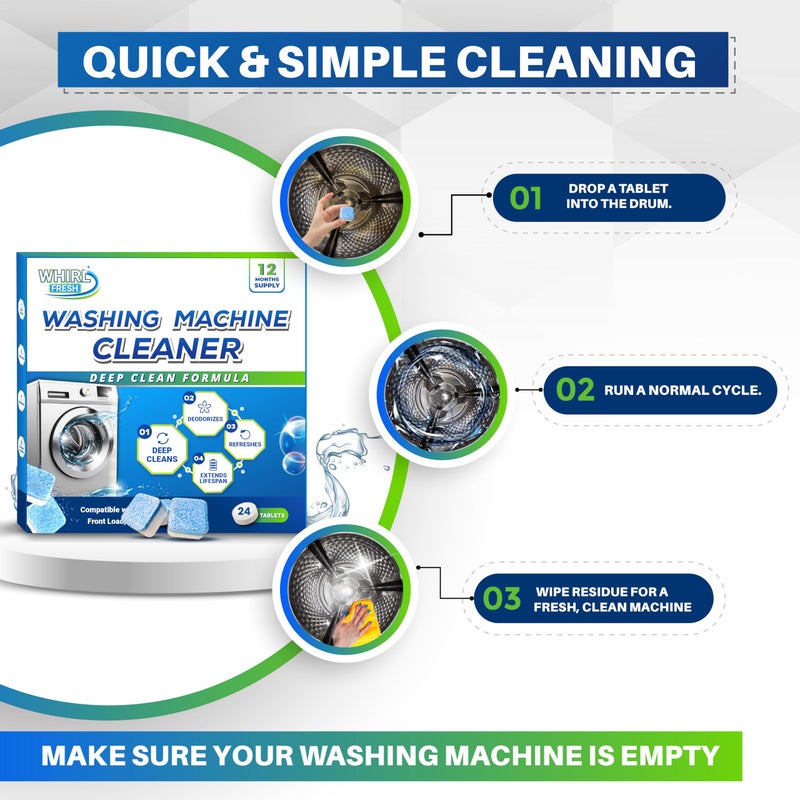 Whirl Fresh Washing Machine Cleaner Tablets, 24 Pack-Deep Cleaning Tablets for Top & Front Load HE Washer Cleaners, Descaler & Deodorizer, Septic Safe, Cleans Drum, Tub, Seal & All Internal Parts - Image 5