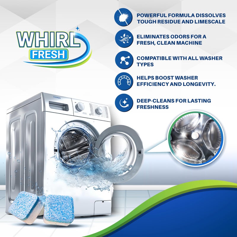 Whirl Fresh Washing Machine Cleaner Tablets, 24 Pack-Deep Cleaning Tablets for Top & Front Load HE Washer Cleaners, Descaler & Deodorizer, Septic Safe, Cleans Drum, Tub, Seal & All Internal Parts - Image 2