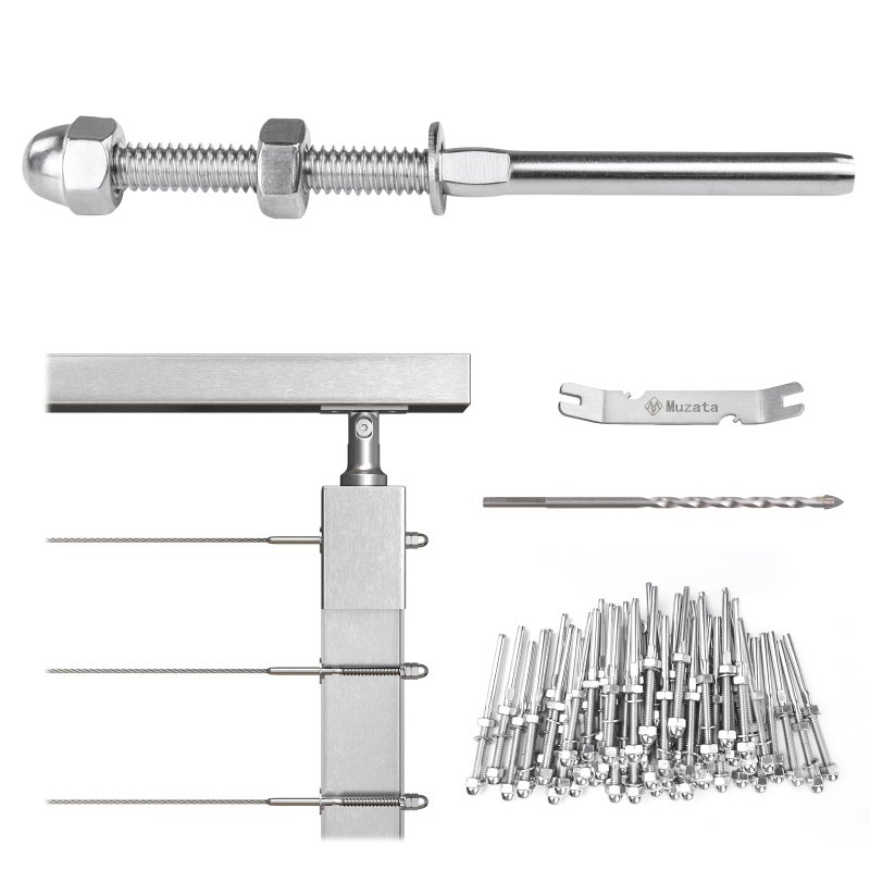 Muzata 60 Pack 18 Cable Railing Hardware Kit Hand Swage Threaded Stud Tensioner for 2x2 Metal Post T316 Stainless Steel Deck Cable Railing System CR23
