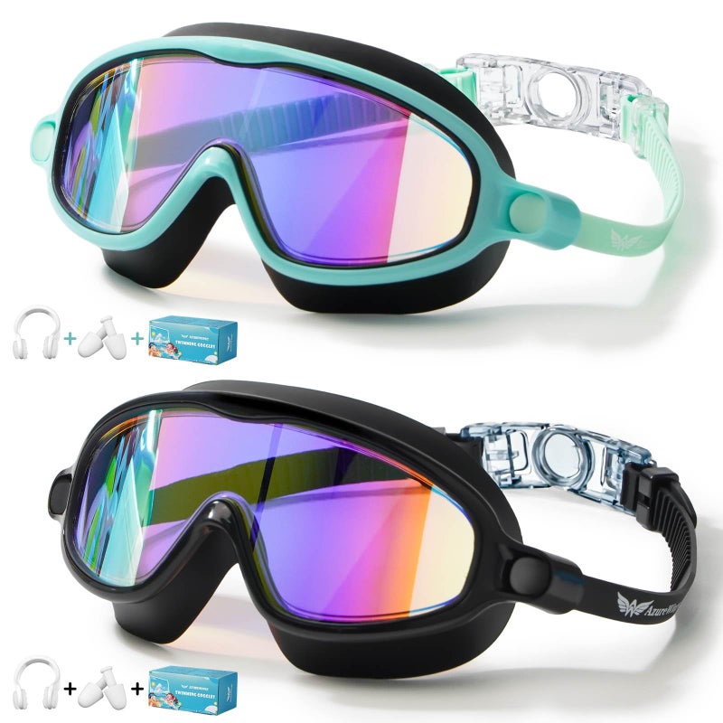 AzureWings 2 Pack Swim Goggles for Kids, No Leak Anti-Fog Anti-UV Swimming Goggles for Boys Girls Children 4-14 (Green Mirrored & Black Mirrored) - Image 1