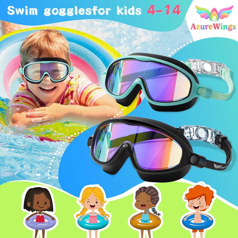 AzureWings 2 Pack Swim Goggles for Kids, No Leak Anti-Fog Anti-UV Swimming Goggles for Boys Girls Children 4-14 (Green Mirrored & Black Mirrored) - Image 2