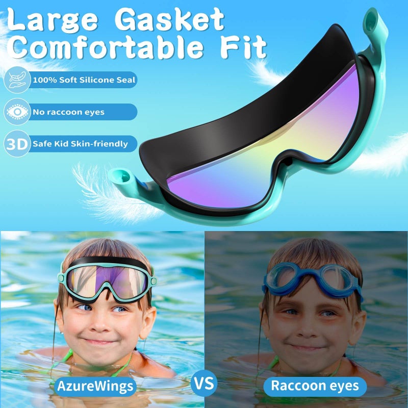 AzureWings 2 Pack Swim Goggles for Kids, No Leak Anti-Fog Anti-UV Swimming Goggles for Boys Girls Children 4-14 (Green Mirrored & Black Mirrored) - Image 4