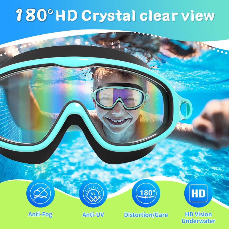 AzureWings 2 Pack Swim Goggles for Kids, No Leak Anti-Fog Anti-UV Swimming Goggles for Boys Girls Children 4-14 (Green Mirrored & Black Mirrored) - Image 5