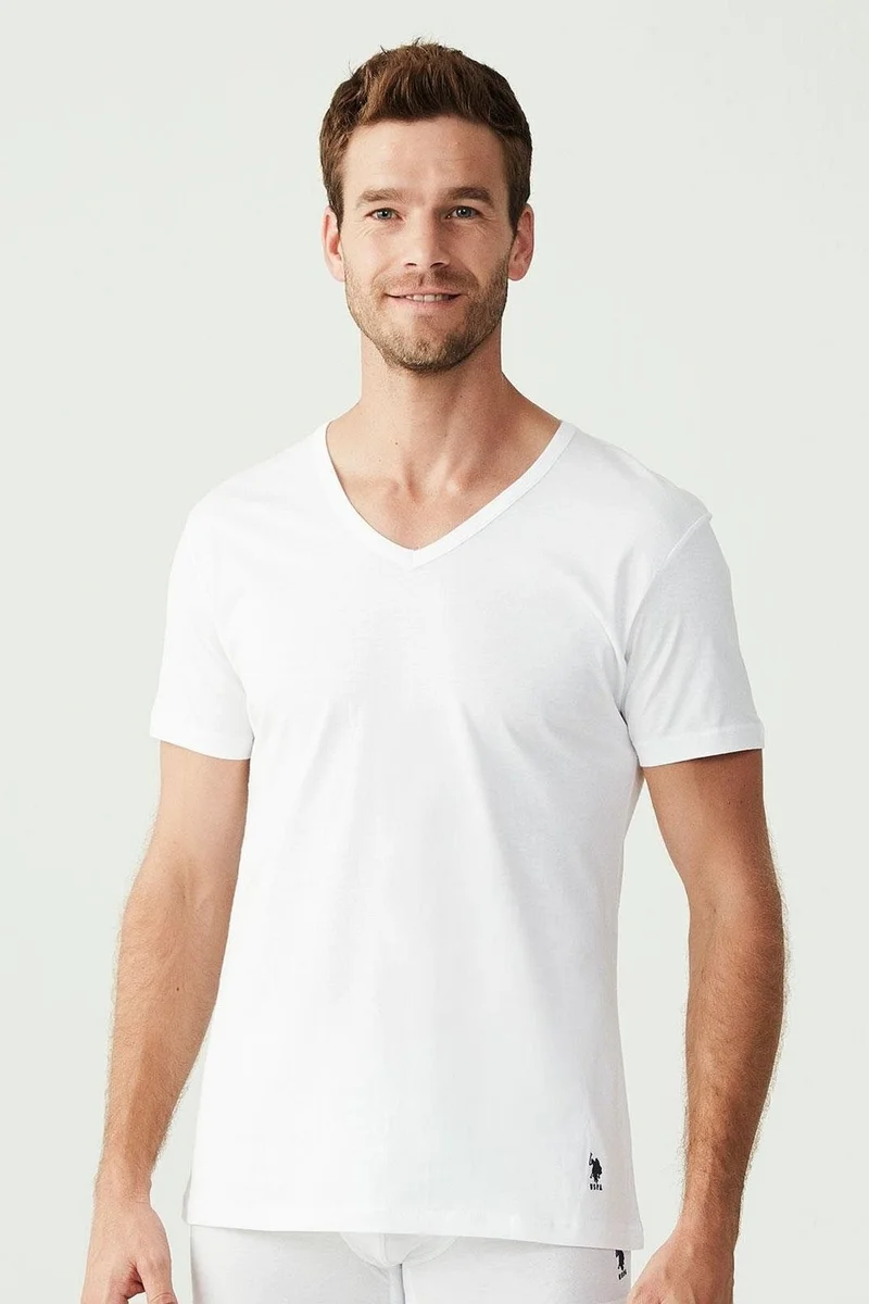 يو اس بولو اسن 90001 Men's Battal 2-Pack V-Neck T-Shirt-White