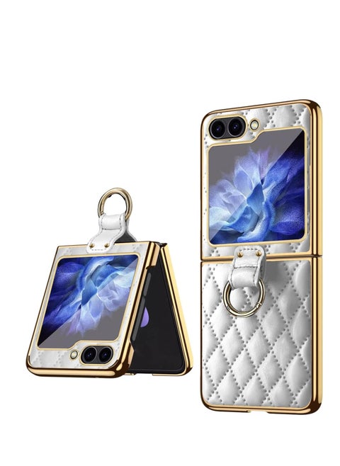 Samsung Galaxy Z Flip 6 Case Soft Diamond Pattern Leather and Decorative Ring Folding Mobile Phone Case Simple Atmosphere Slim and Stylish Durable Anti-Fingerprint White