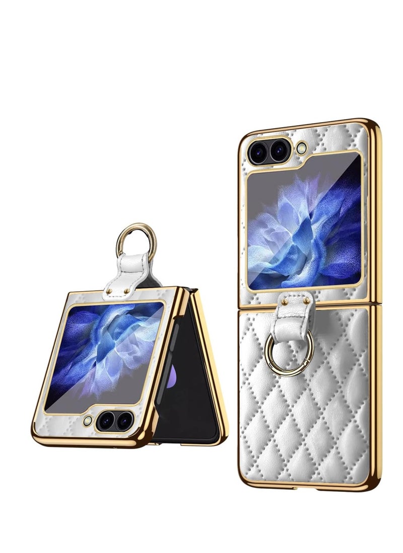 Generic - Samsung Galaxy Z Flip 6 Case Soft Diamond Pattern Leather and Decorative Ring Folding Mobile Phone Case Simple Atmosphere Slim and Stylish Durable Anti-Fingerprint White - Image 1