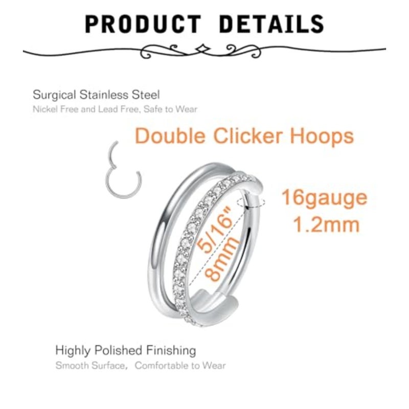 Silver Cartilage Earrings For Women Helix Piercing Jewelry Double Hoop Earring Cartilage Hoop Second Hole Earrings For Women 16G Septum Ring Clicker Nose Ring 8mm Hinged Nose Hoops 2pcs - Image 2