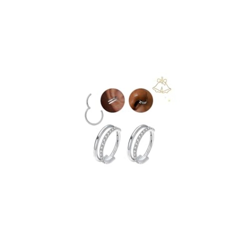 Silver Cartilage Earrings For Women Helix Piercing Jewelry Double Hoop Earring Cartilage Hoop Second Hole Earrings For Women 16G Septum Ring Clicker Nose Ring 8mm Hinged Nose Hoops 2pcs - Image 1