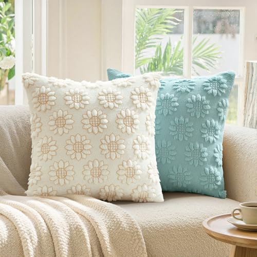 EMEMA Cream Floral Tufted Throw Pillow Covers Set of 2 Soft Textured Decorative 18x18 Cushion Cases Bringing a Light Cozy Layer to Sofa Couch Bedroom or Modern Farmhouse Living Room Dcor - Image 3