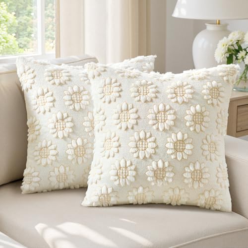 EMEMA Cream Floral Tufted Throw Pillow Covers Set of 2 Soft Textured Decorative 18x18 Cushion Cases Bringing a Light Cozy Layer to Sofa Couch Bedroom or Modern Farmhouse Living Room Dcor - Image 1