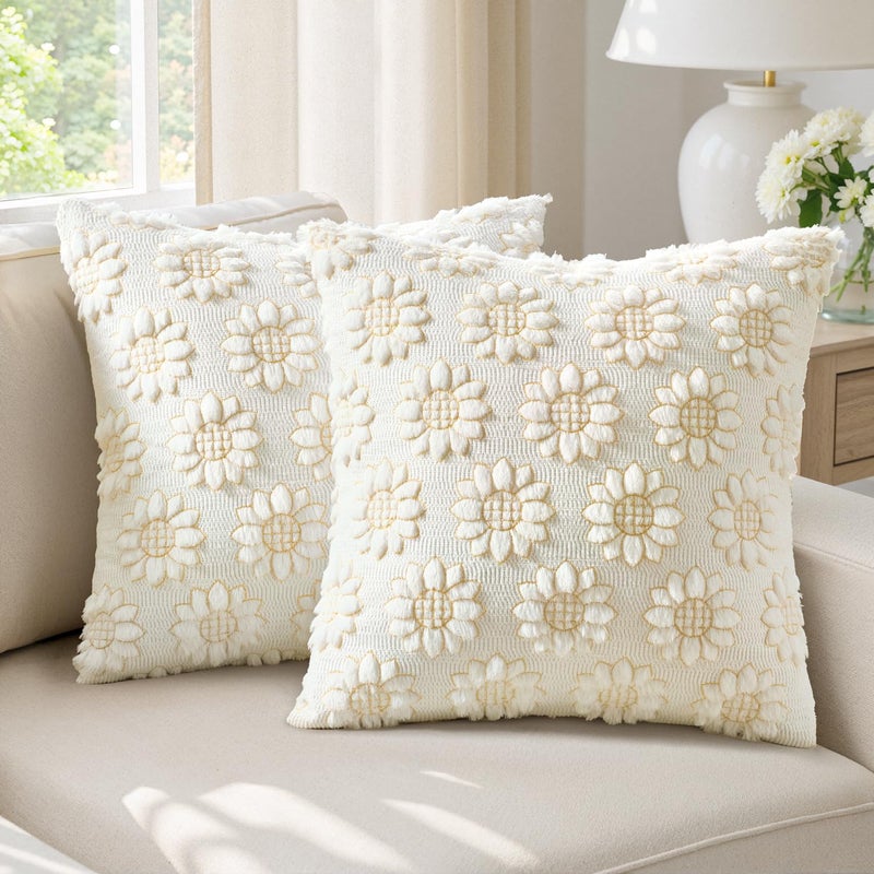 EMEMA Cream Floral Tufted Throw Pillow Covers Set of 2 Soft Textured Decorative 18x18 Cushion Cases Bringing a Light Cozy Layer to Sofa Couch Bedroom or Modern Farmhouse Living Room Dcor - Image 2