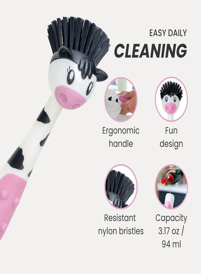 Vigar Moo Cow-Shaped Soap Dispensing Dish Brush, Dish Brush with Soap Dispenser for Pot Scrubber, Dishes, Sink, and Kitchen Essentials, White, Black - Image 3