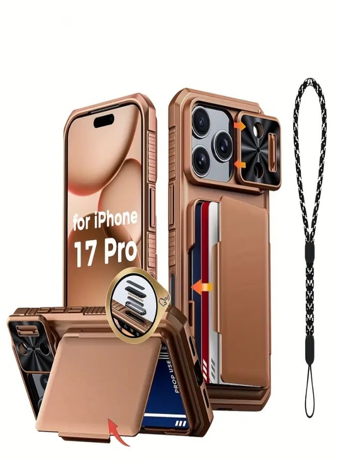 AROAQ Case for iPhone 17 Pro – Wallet Cover with Lanyard, Built-in Card Holder (4-5 Cards), Slide Lens Camera Cover & Capture Button, Retro Durable Protective Case - Desert Golden - Image 1