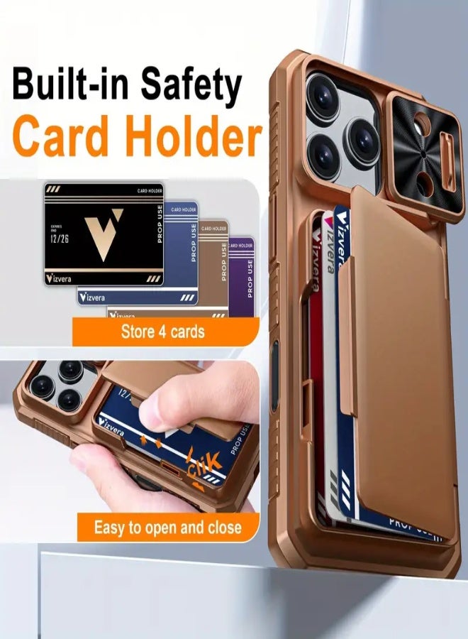 AROAQ Case for iPhone 17 Pro – Wallet Cover with Lanyard, Built-in Card Holder (4-5 Cards), Slide Lens Camera Cover & Capture Button, Retro Durable Protective Case - Desert Golden - Image 3