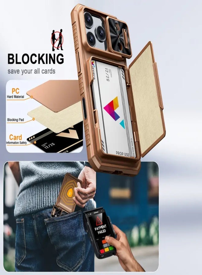 AROAQ Case for iPhone 17 Pro – Wallet Cover with Lanyard, Built-in Card Holder (4-5 Cards), Slide Lens Camera Cover & Capture Button, Retro Durable Protective Case - Desert Golden - Image 2