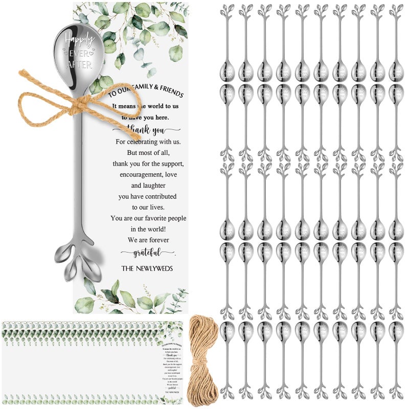 Tioncy 50 Pcs Bridal Shower Favors Tea Spoons 49 Inch Silver Stainless Steel Leaf Dessert Teaspoon Coffee Tea Party Favors with Thank You Cards and Rope for Gift Bridal Shower Guests Wedding