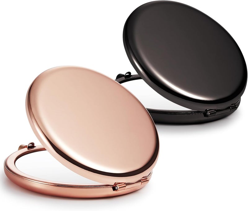 Compact Mirror Bulk, Set of 2 Double-Sided 1X/2X Magnifying Purse Pocket Makeup Mirrors(Round, Rose Gold and Black)