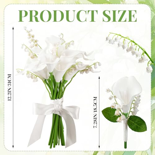 XunYee 16 Pcs Bride Bouquet Set Include 10 White Calla Lily Artificial Flowers 5 Faux Lily of The Valley 1 Groom Boutonniere Pin Bridesmaid Floral Bouquet for Wedding Party Ceremony Anniversary Decor - Image 3