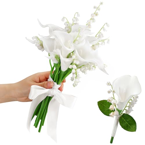 XunYee 16 Pcs Bride Bouquet Set Include 10 White Calla Lily Artificial Flowers 5 Faux Lily of The Valley 1 Groom Boutonniere Pin Bridesmaid Floral Bouquet for Wedding Party Ceremony Anniversary Decor - Image 1