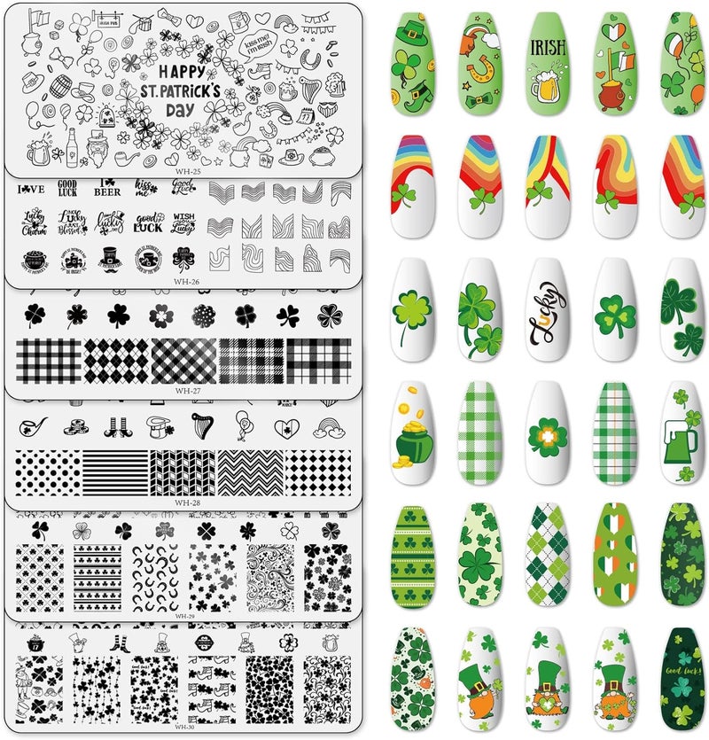 Whaline 6 Pieces St Patricks Day Nail Stamping Plates Kit Lucky Shamrock Rainbow Image Stamp Templates Irish Nail Art Plates for St Patricks Day DIY Print Manicure Salon Design Gift