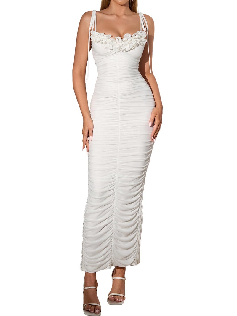 HTZMO Women's Tie Shoulder Formal Bodycon Maxi Dresses Sleeveless Ruffle Ruched Wedding Guest Cocktail Party Long Dress White M - Image 1