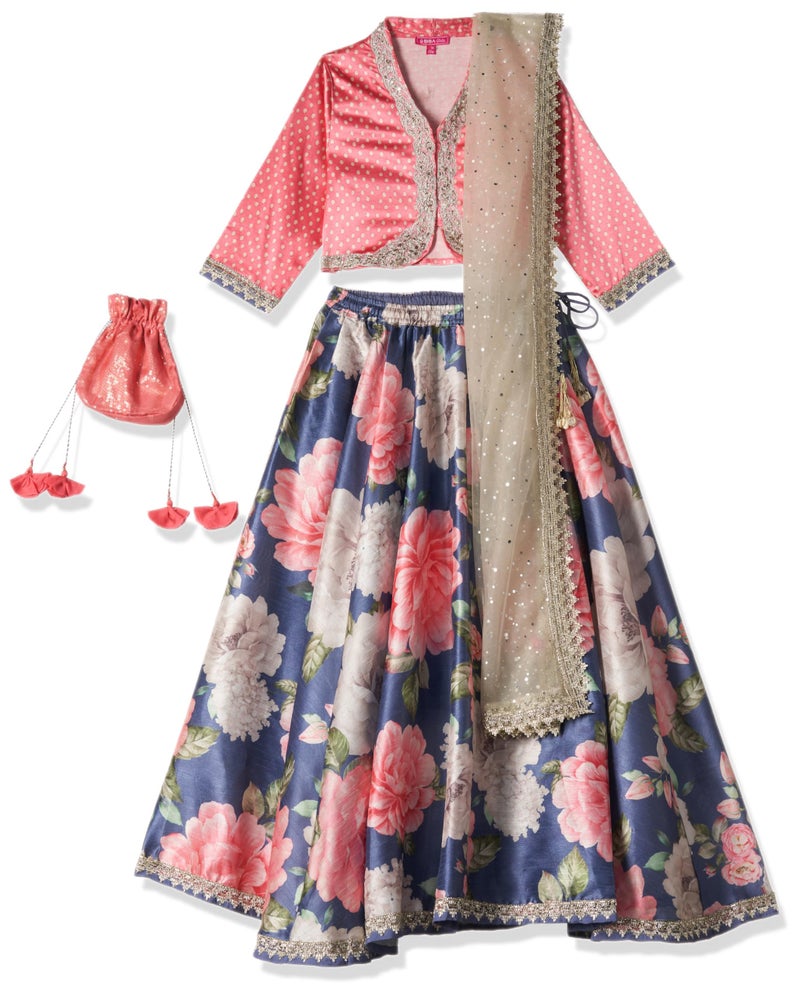 BIBA Girl Printed Skirt Kid(Kw4753_Pnk/Blu_13), Viscose, Lehenga Set, Readymade, Pink - Image 1