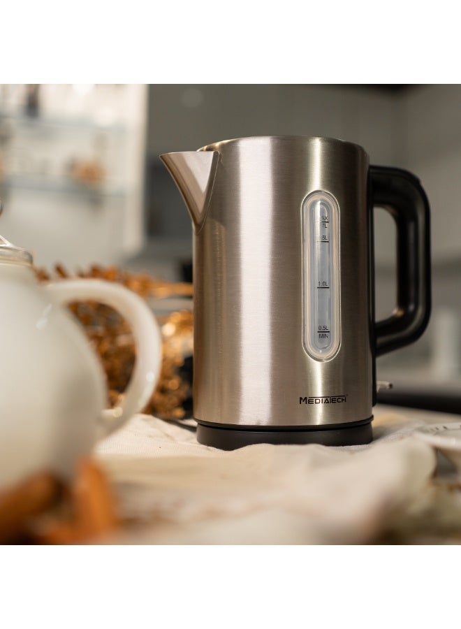 Mediatech Stainless Steel Kettle ,2200Watt,1.7 Liters ,Cordless Electric Kettle With Water-Level Indicator, Removable Filter, Auto Shut-Off, MT-KS400, Silver/Black - Image 4