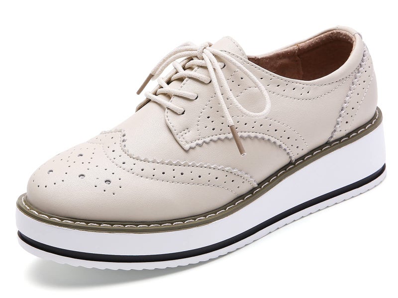 DADAWEN Women's Platform Lace-Up Wingtips Square Toe Oxfords Shoe Beige Leather US Size 8/Asia Size 40/25cm - Image 1